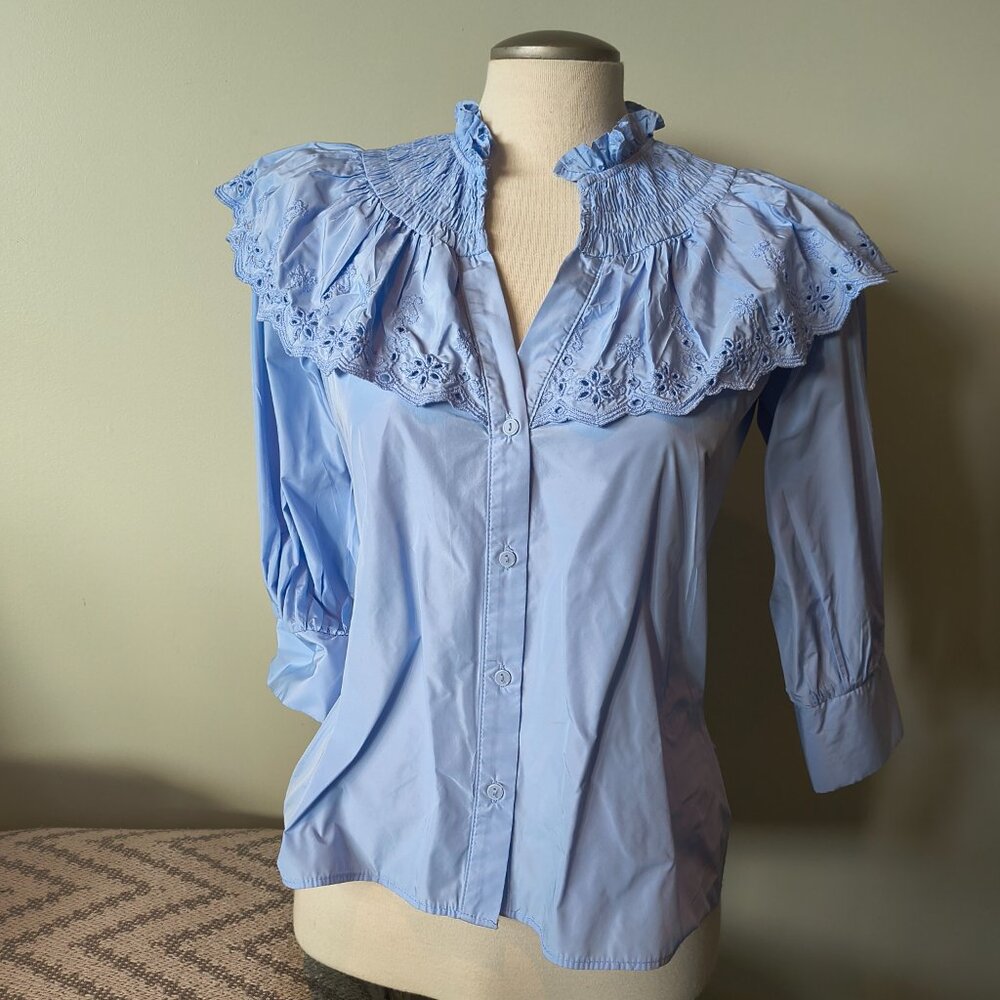 ZARA Baby Blue Broderie Ruffle Top Blouse